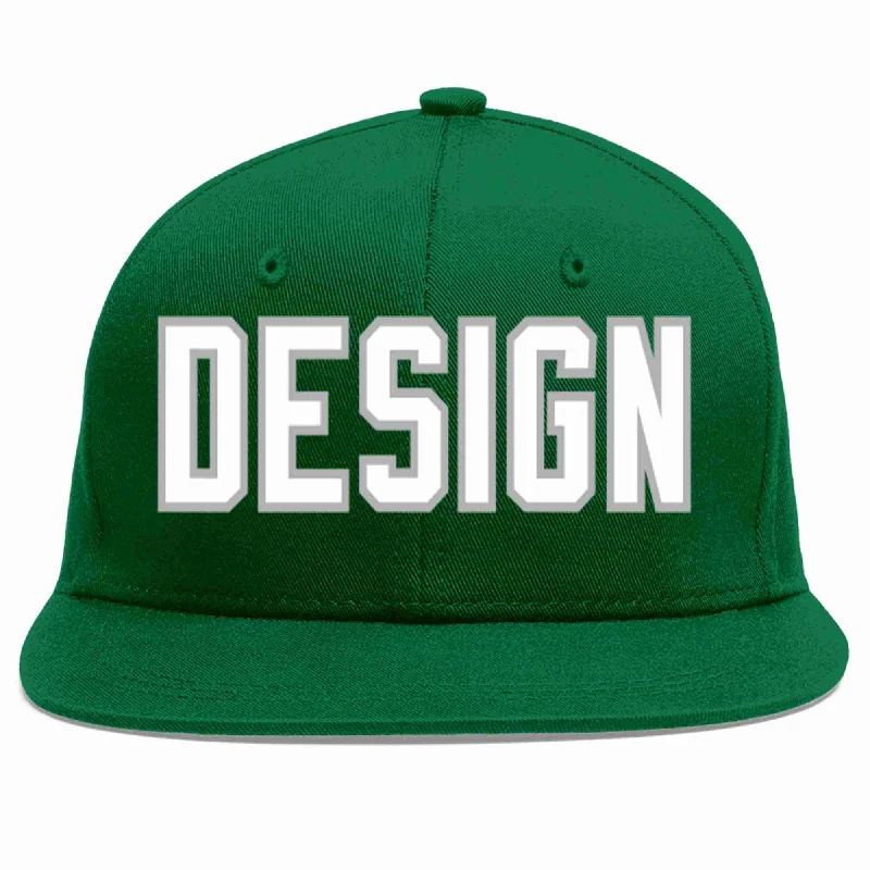 Baseball Cap For Professional Teams-Custom Green White-Gray Flat Eaves Sport Baseball Cap Design for Men/Women/Youth