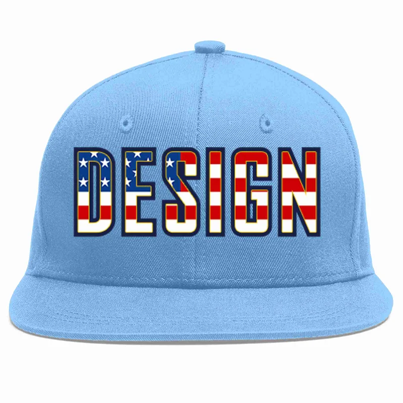 Baseball Cap For Major League Teams-Custom Light Blue Vintage USA Flag-Gold Flat Eaves Sport Baseball Cap Design for Men/Women/Youth