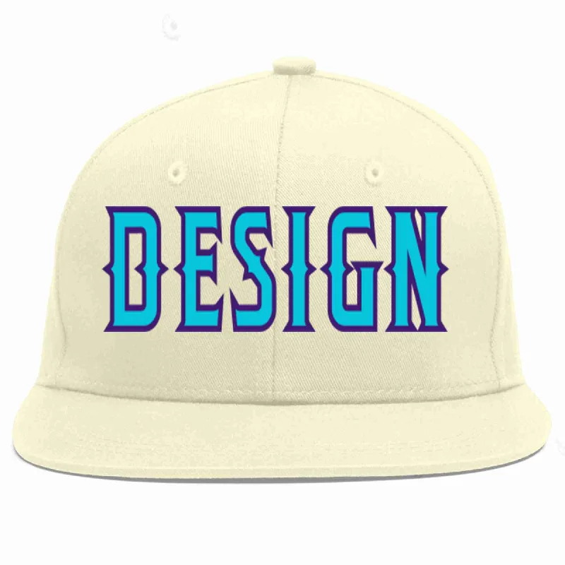 Baseball Cap For Fan Support Gear-Custom Cream Light Blue-purple Flat Eaves Sport Baseball Cap Design for Men/Women/Youth