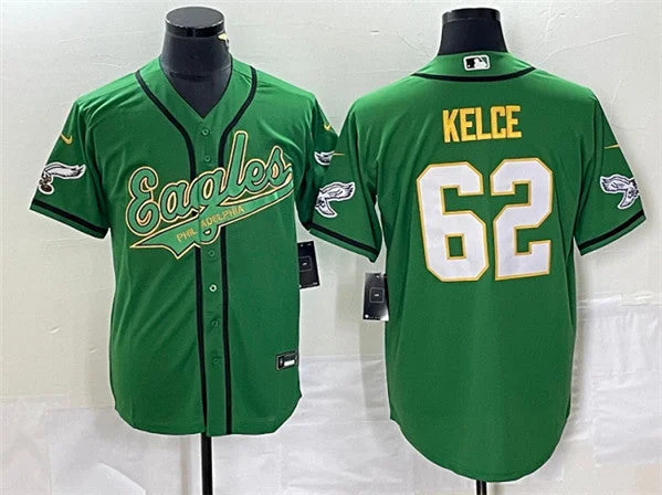 Baseball Jersey For All Ages-Men's Philadelphia Eagles #62 Jason Kelce Green Gold Cool Base Stitched Baseball Jersey