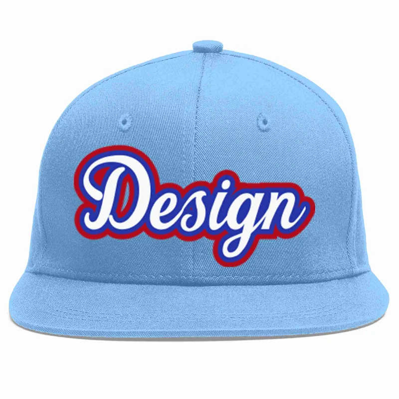 Baseball Cap For School Teams-Custom Light Blue White-Royal Flat Eaves Sport Baseball Cap Design for Men/Women/Youth