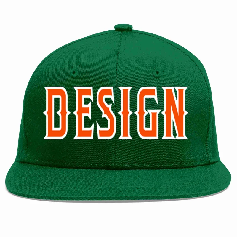 Baseball Cap For Fan Merchandise-Custom Green Orange-White Flat Eaves Sport Baseball Cap Design for Men/Women/Youth