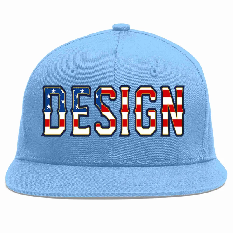 Baseball Cap For Premium Teams-Custom Light Blue Vintage USA Flag-Gold Flat Eaves Sport Baseball Cap Design for Men/Women/Youth