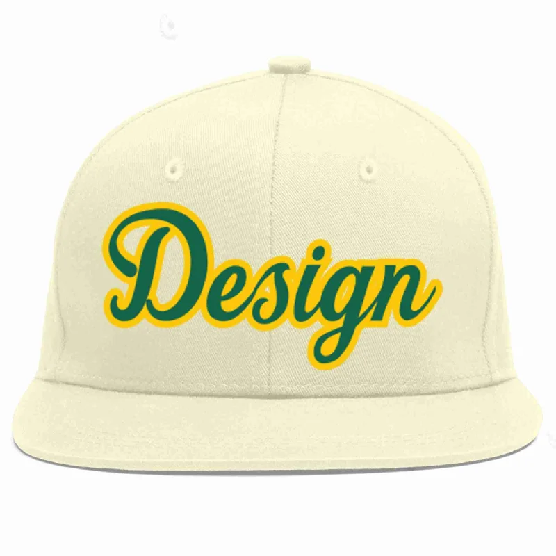 Baseball Cap With Personalized Embroidery-Custom Cream Kelly Green-Gold Flat Eaves Sport Baseball Cap Design for Men/Women/Youth