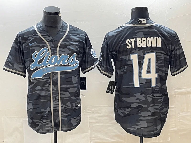 Baseball Jersey With Personalized Team Names-Men's Detroit Lions #14 Amon Ra St Brown Grey Camo With Patch Cool Base Stitched Baseball Jersey