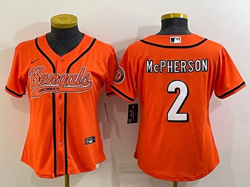 Baseball Jersey For Sports Club Teams-Women's Cincinnati Bengals #2 Evan McPherson Orange With Patch Cool Base Stitched Baseball Jersey(Run Small)