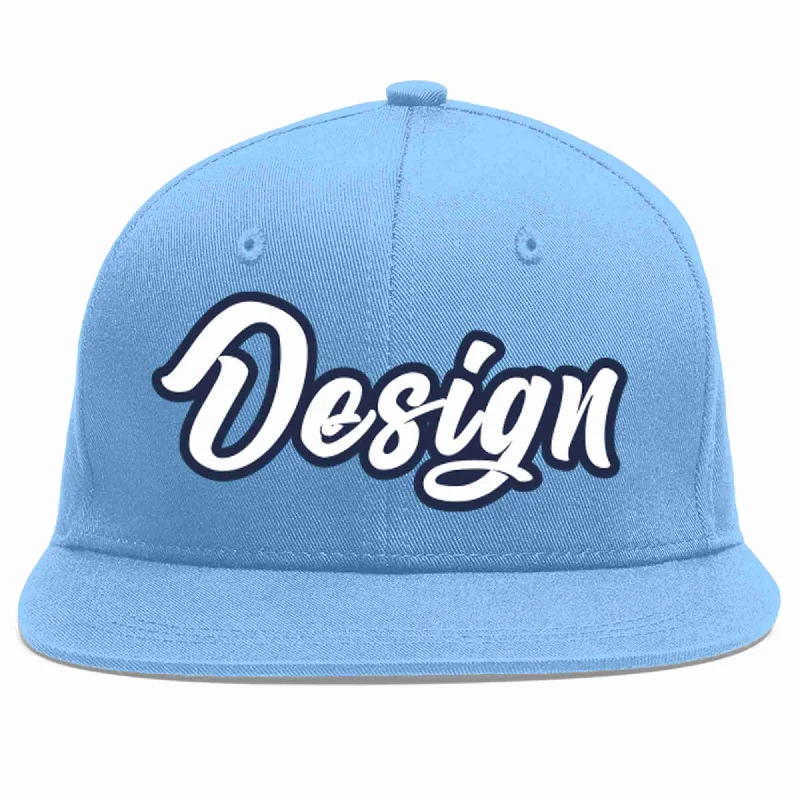 Baseball Cap With Personalized Embroidery-Custom Light Blue White-Navy Flat Eaves Sport Baseball Cap Design for Men/Women/Youth