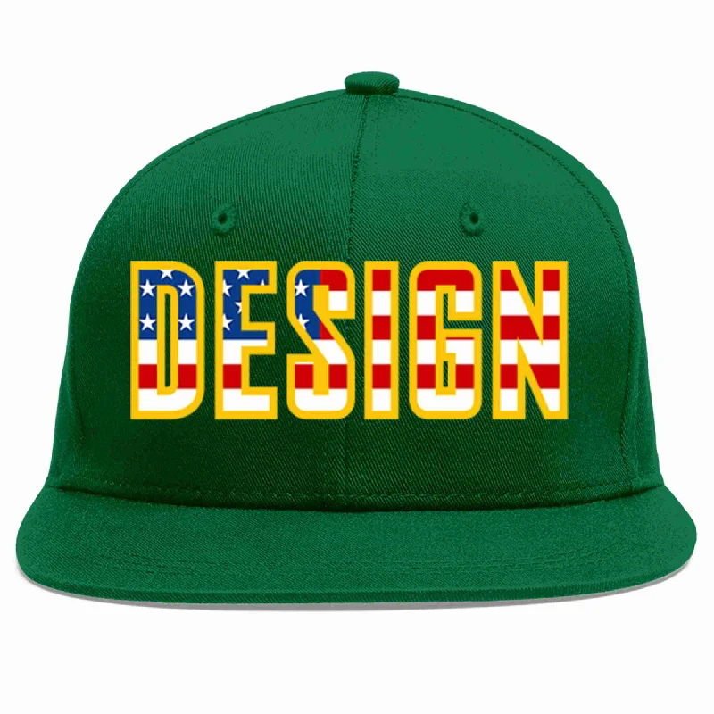 Baseball Cap For College Sports-Custom Green Vintage USA Flag-Gold Flat Eaves Sport Baseball Cap Design for Men/Women/Youth