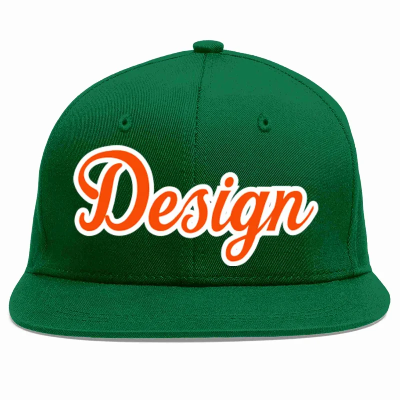 Baseball Cap For Sports Merchandise-Custom Green Orange-White Flat Eaves Sport Baseball Cap Design for Men/Women/Youth