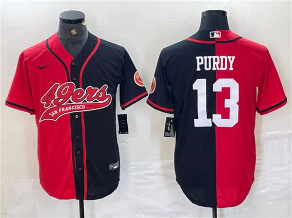 Baseball Jersey For Sports Club Teams-Men's San Francisco 49ers #13 Brock Purdy Red/Black Split With Patch Cool Base Stitched Baseball Jersey