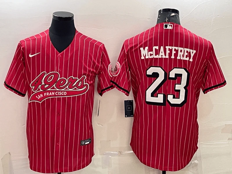 Baseball Jersey For Youth Sports Gear-Men's San Francisco 49ers #23 Christian McCaffrey Red Pinstripe Color Rush With Patch Cool Base Stitched Baseball Jersey