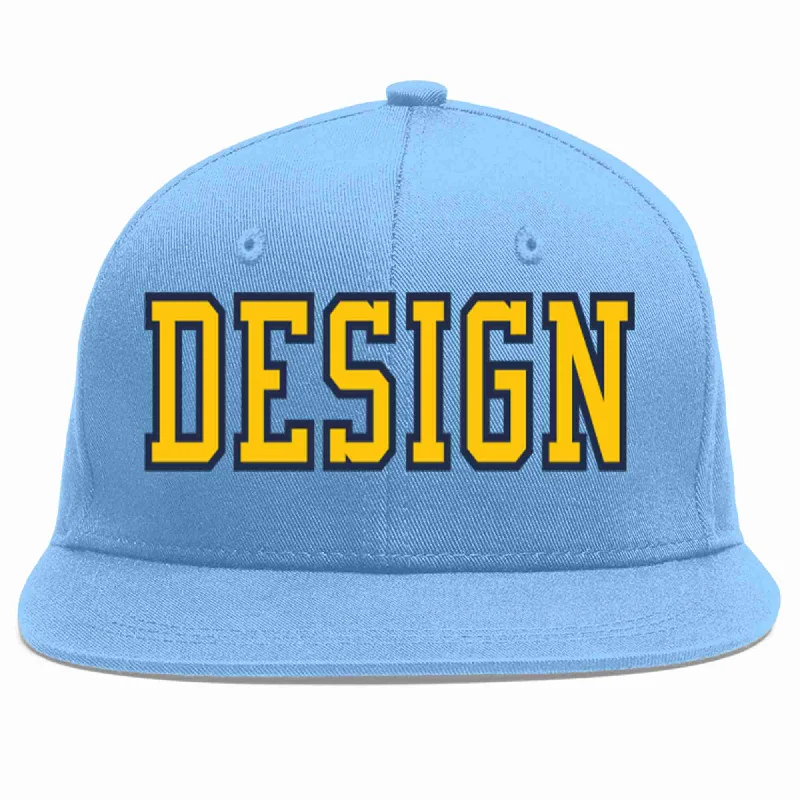 Baseball Cap For Outdoor Play-Custom Light Blue Gold-Navy Flat Eaves Sport Baseball Cap Design for Men/Women/Youth