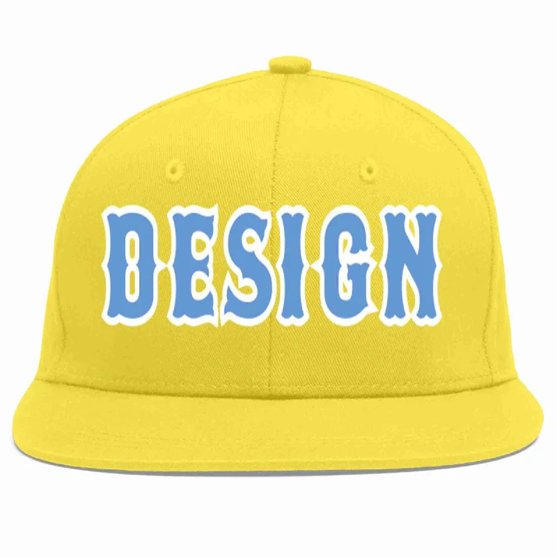 Baseball Cap With Personalized Embroidered Graphics-Custom Light Gold Light Blue-White Flat Eaves Sport Baseball Cap Design for Men/Women/Youth