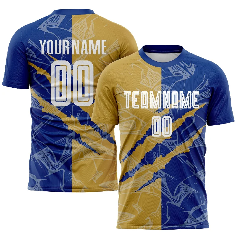 Football Jersey For Personalized Orders-Custom Graffiti Pattern Old Gold-Royal Scratch Sublimation Soccer Uniform Jersey