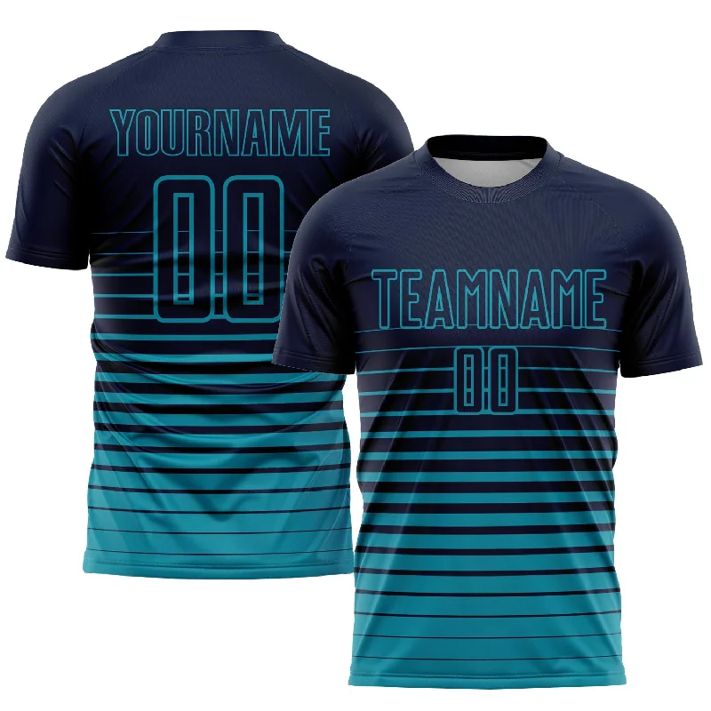 Football Jersey With Custom Colors-Custom Navy Teal Pinstripe Fade Fashion Sublimation Soccer Uniform Jersey