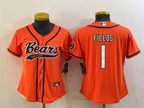 Baseball Jersey For Fan Merchandise-Women's Chicago Bears #1 Justin Fields Orange With Patch Cool Base Stitched Baseball Jersey(Run Small)