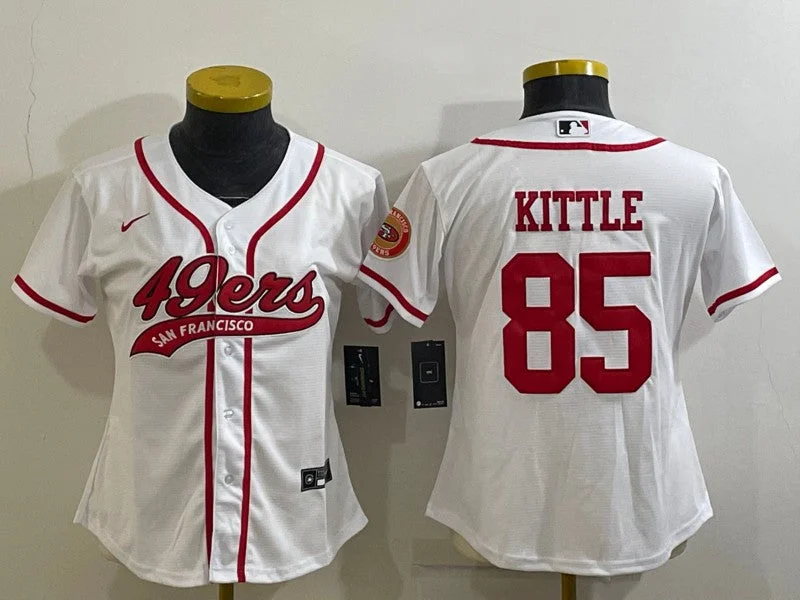 Baseball Jersey With Special Fan Designs-Women's San Francisco 49ers #85 George Kittle White With Patch Cool Base Stitched Baseball Jersey(Run Small)