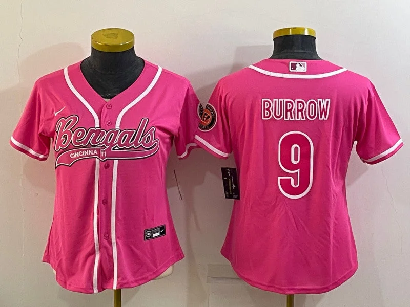 Baseball Jersey For Special School Customization-Women's Cincinnati Bengals #9 Joe Burrow Pink With Patch Cool Base Stitched Baseball Jersey(Run Small)