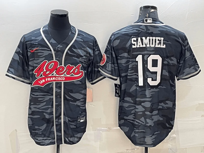 Baseball Jersey For Custom Fan Team Gear-Men's San Francisco 49ers #19 Deebo Samuel Grey Camo With Patch Cool Base Stitched Baseball Jersey