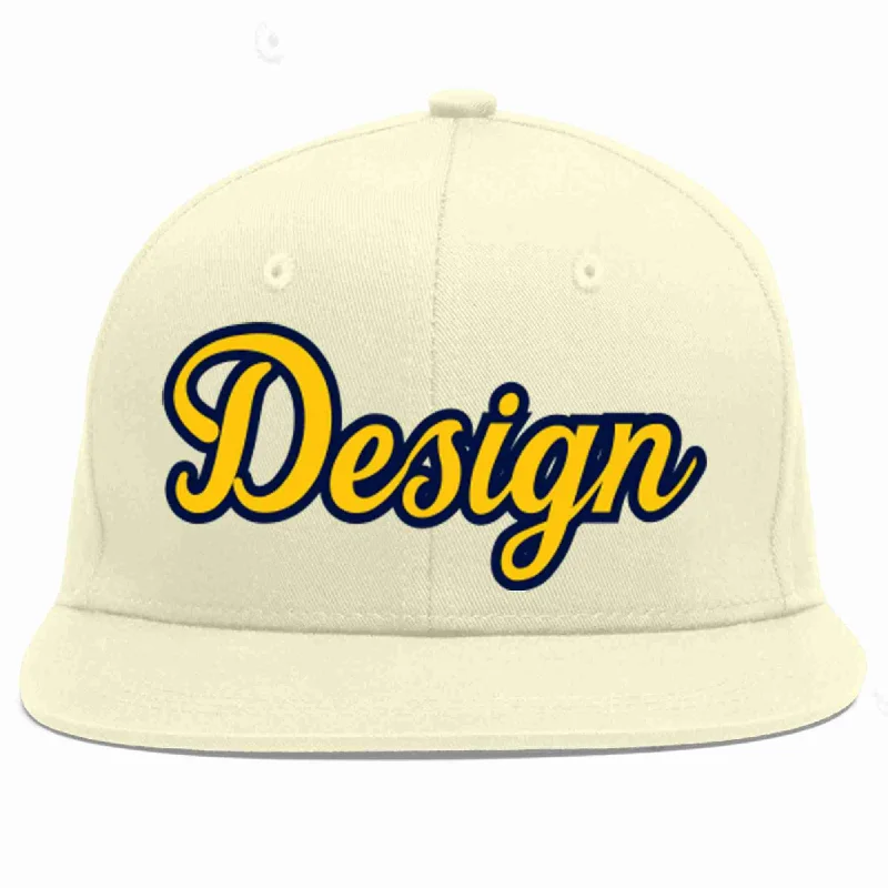 Baseball Cap For Professional Teams-Custom Cream Gold-Navy Flat Eaves Sport Baseball Cap Design for Men/Women/Youth