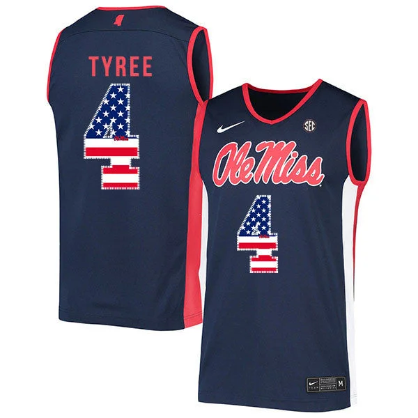 Basketball Jersey With Custom Embroidered Designs-Ole Miss Rebels 4 Breein Tyree Navy USA Flag Basketball College Basketball Jersey