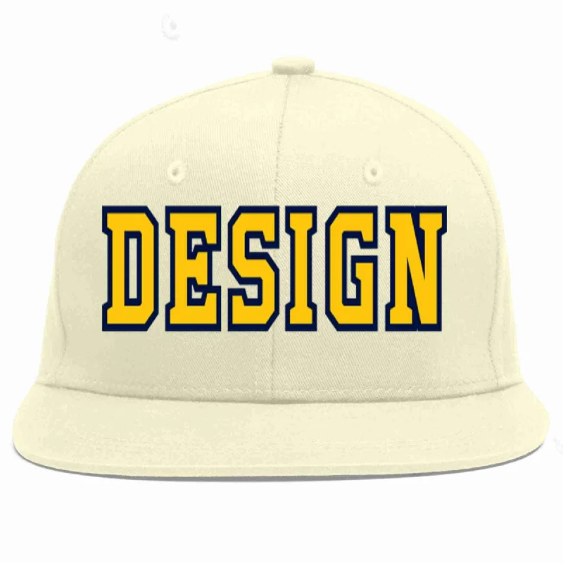 Baseball Cap For Youth Leagues-Custom Cream Gold-Navy Flat Eaves Sport Baseball Cap Design for Men/Women/Youth