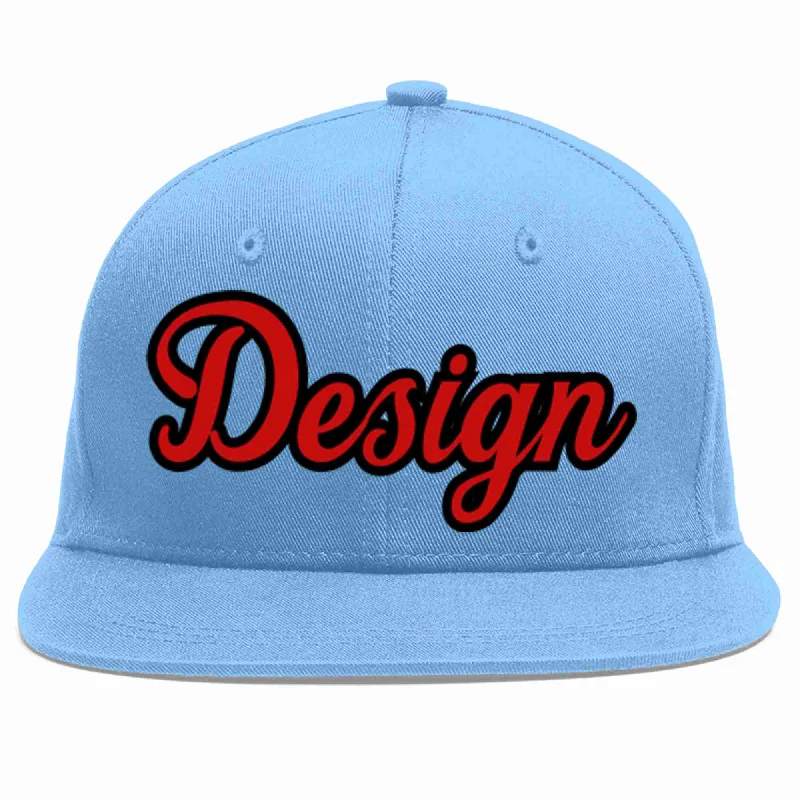 Custom Baseball Cap For Gifts-Custom Light Blue Red-Black Flat Eaves Sport Baseball Cap Design for Men/Women/Youth