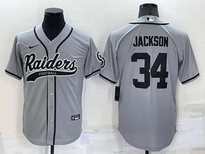 Baseball Jersey For Official Player Gear-Men's Las Vegas Raiders #34 Bo Jackson Grey Stitched Cool Base Baseball Jersey