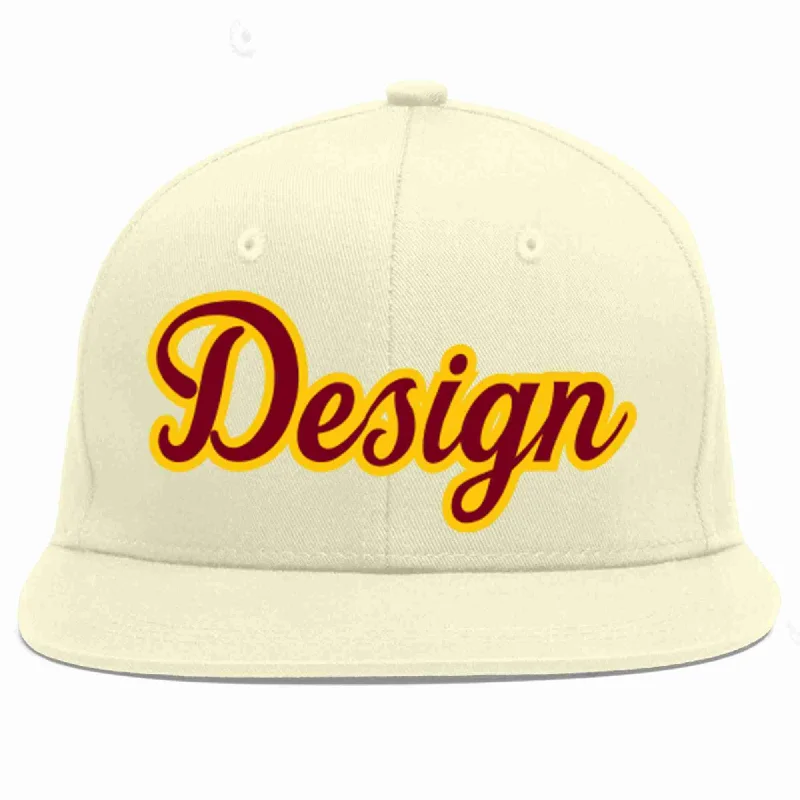 Baseball Cap With Custom Design-Custom Cream Crimson-Gold Flat Eaves Sport Baseball Cap Design for Men/Women/Youth