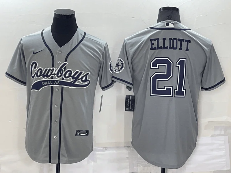 Baseball Jersey For Team Uniforms-Men's Dallas Cowboys #21 Ezekiel Elliott Grey Stitched Cool Base Baseball Jersey