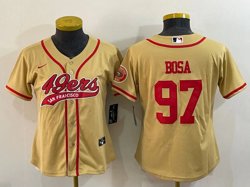 Baseball Jersey For Family Event Gifts-Women's San Francisco 49ers #97 Nick Bosa Gold With Patch Cool Base Stitched Baseball Jersey(Run Small)