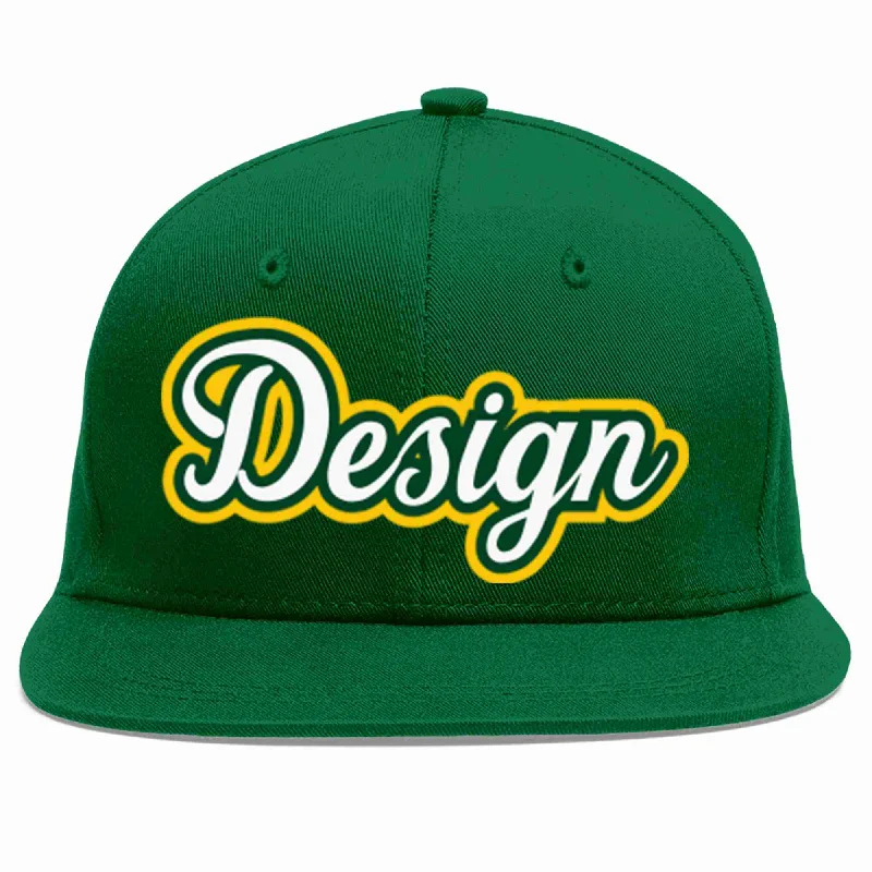 Baseball Cap For Tournament-Custom Green White-Kelly Green Flat Eaves Sport Baseball Cap Design for Men/Women/Youth