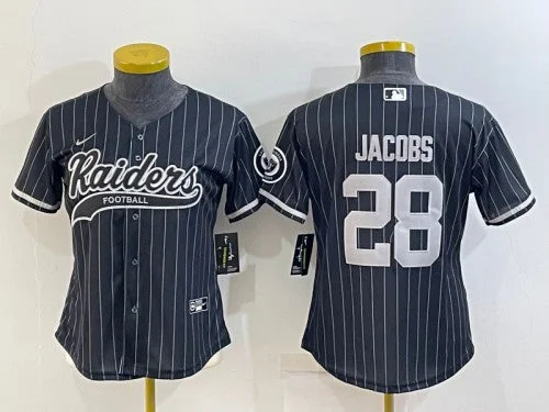 Baseball Jersey For Official Player Gear-Women's Las Vegas Raiders #28 Josh Jacobs Black With Patch Cool Base Stitched Baseball Jersey(Run Small)