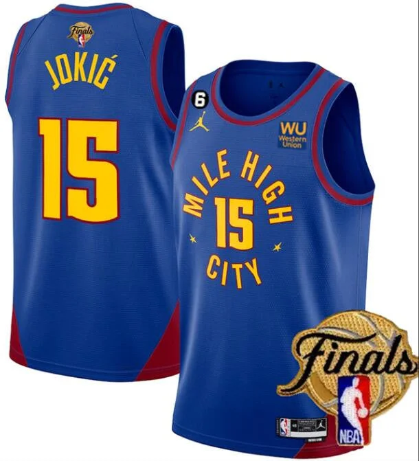 Basketball Jersey With Custom Name-Nuggets 15 Nikola Jokic Blue 2023 Finals NO.6 Patch Swingman Basketball Jersey