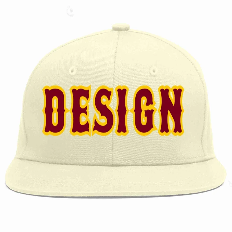 Baseball Cap For Fans Of All Ages-Custom Cream Crimson-Gold Flat Eaves Sport Baseball Cap Design for Men/Women/Youth