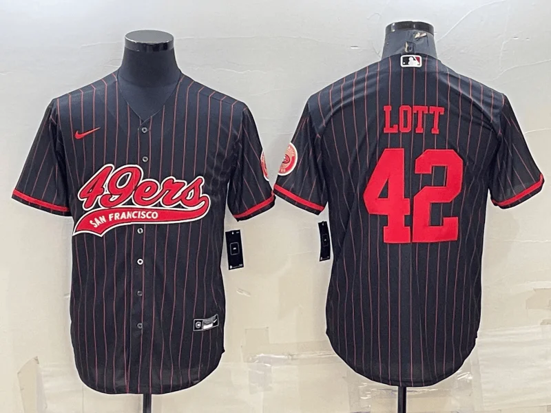 Baseball Jersey With Name And Number-Men's San Francisco 49ers #42 Ronnie Lott Black Pinstripe With Patch Cool Base Stitched Baseball Jersey