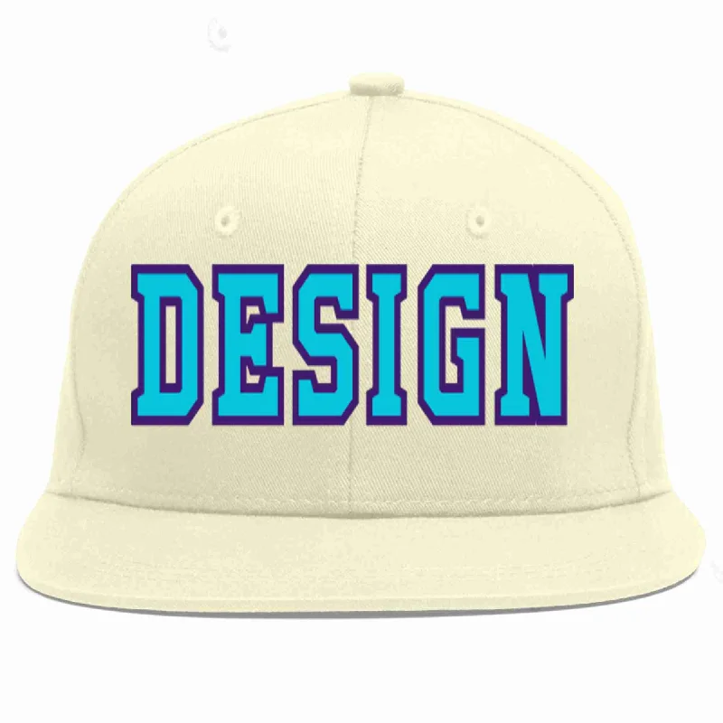 Baseball Cap For Sports Merchandising-Custom Cream Light Blue-purple Flat Eaves Sport Baseball Cap Design for Men/Women/Youth