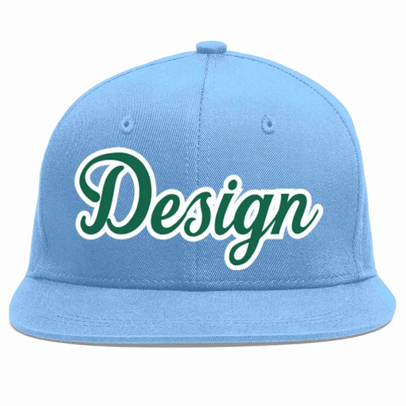 Custom Printed Baseball Cap-Custom Light Blue Kelly Green-White Flat Eaves Sport Baseball Cap Design for Men/Women/Youth