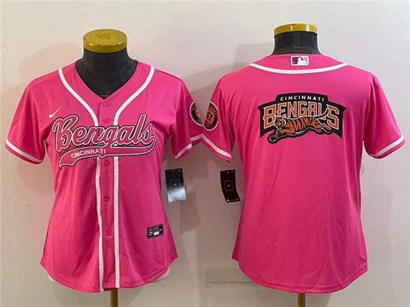 Baseball Jersey For Custom Fan Team Gear-Women's Cincinnati Bengals Pink Team Big Logo With Patch Cool Base Stitched Baseball Jersey(Run Small)