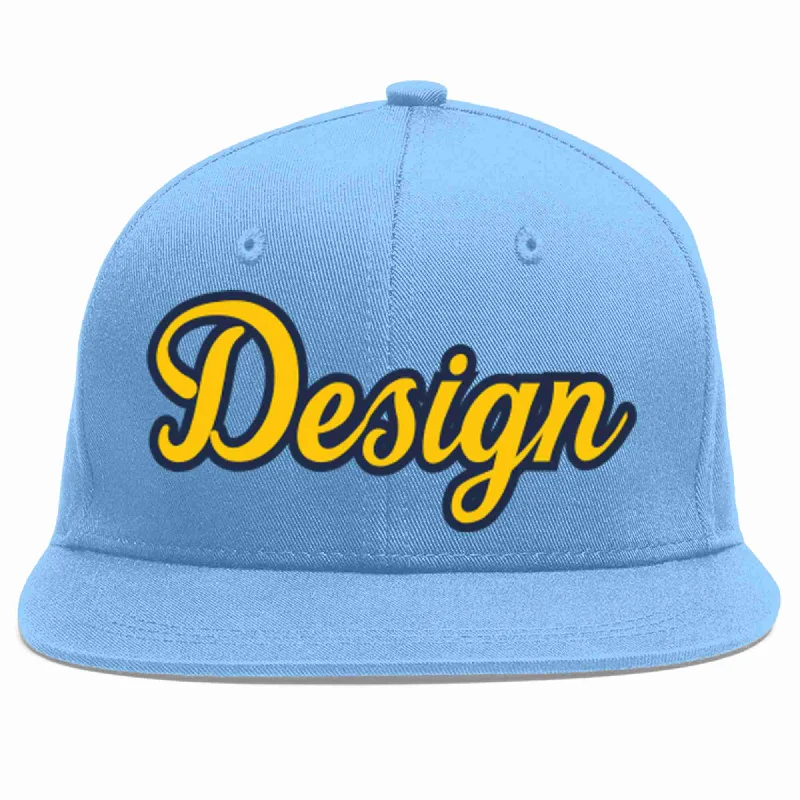 Baseball Cap For Game Day-Custom Light Blue Gold-Navy Flat Eaves Sport Baseball Cap Design for Men/Women/Youth