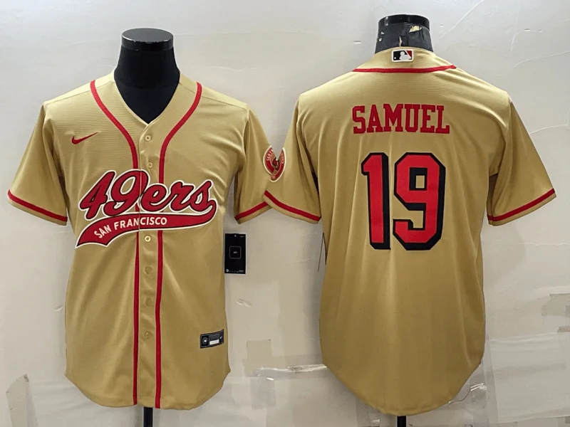 Baseball Jersey For Youth Teams-Men's San Francisco 49ers #19 Deebo Samuel Gold Color Rush With Patch Cool Base Stitched Baseball Jersey