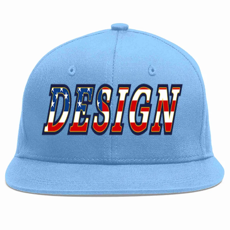 Baseball Cap For Unique Player Designs-Custom Light Blue Vintage USA Flag-Gold Flat Eaves Sport Baseball Cap Design for Men/Women/Youth