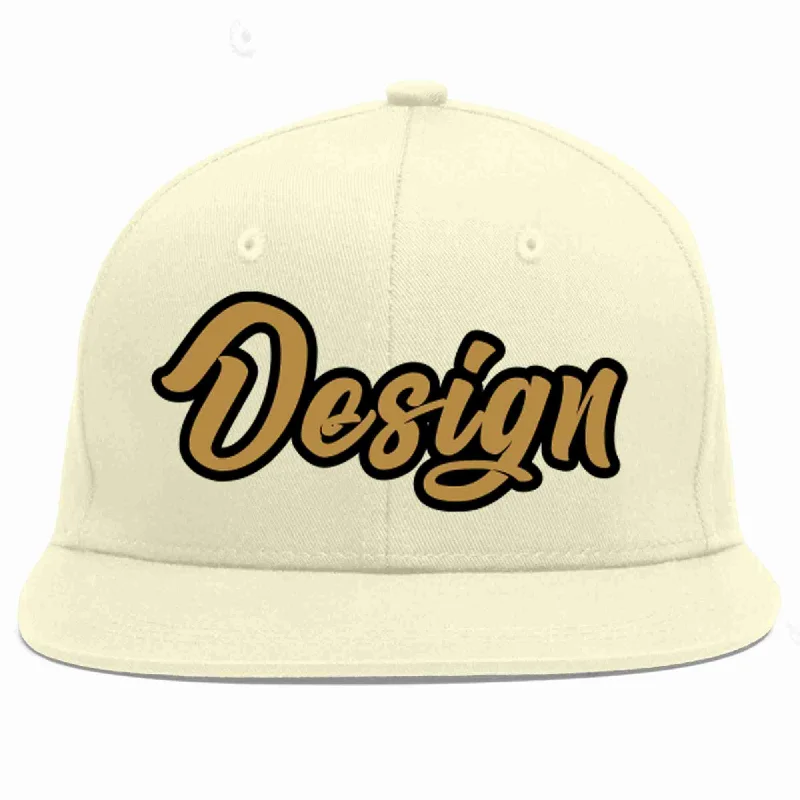 Baseball Cap For Sports Merchandise-Custom Cream Old Gold-Black Flat Eaves Sport Baseball Cap Design for Men/Women/Youth