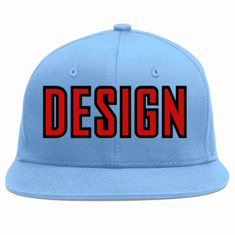 Baseball Cap For Custom Logos And Numbers-Custom Light Blue Red-Black Flat Eaves Sport Baseball Cap Design for Men/Women/Youth