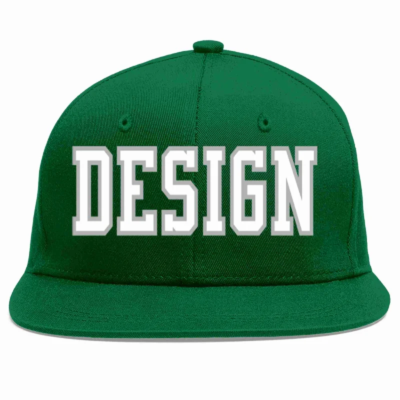 Baseball Cap For College Teams-Custom Green White-Gray Flat Eaves Sport Baseball Cap Design for Men/Women/Youth