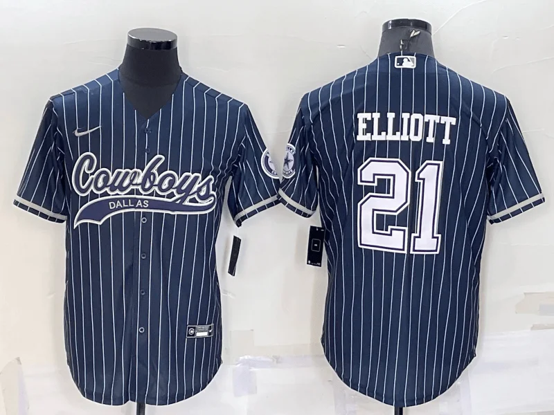 Baseball Jersey For Official Team Gear-Men's Dallas Cowboys #21 Ezekiel Elliott Navy Blue Pinstripe With Patch Cool Base Stitched Baseball Jersey