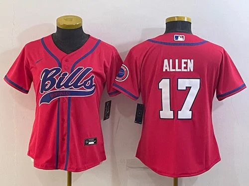 Baseball Jersey For Fundraising Campaigns-Women's Buffalo Bills #17 Josh Allen Red With Patch Cool Base Stitched Baseball Jersey(Run Small)