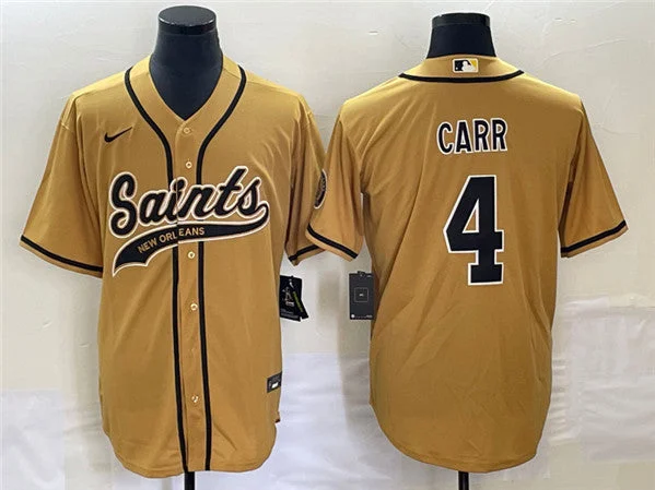 Baseball Jersey For Game Day-Men's New Orleans Saints #4 Derek Carr Gold With Patch Cool Base Stitched Baseball Jersey