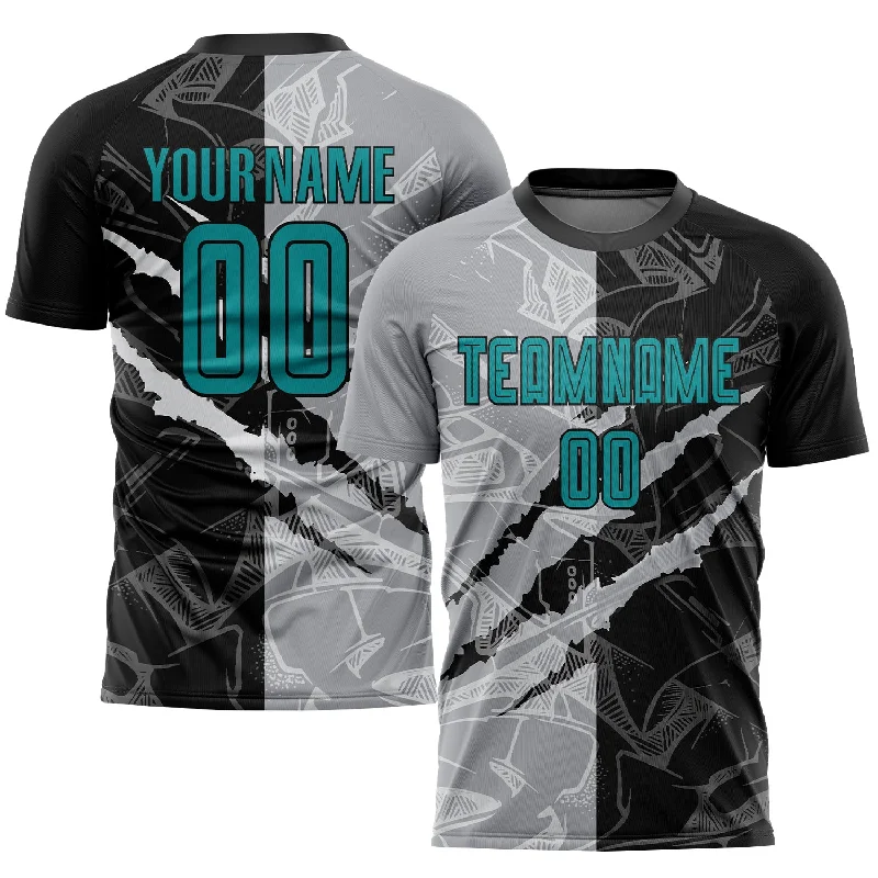 Football Jersey With Custom Player Names-Custom Graffiti Pattern Teal Black-Gray Scratch Sublimation Soccer Uniform Jersey