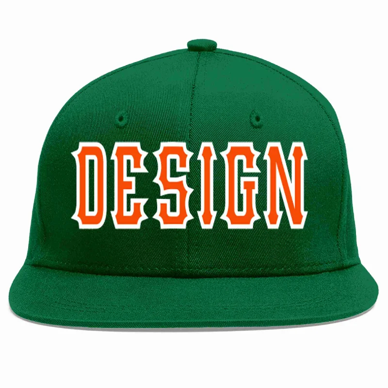 Baseball Cap For Practice Sessions-Custom Green Orange-White Flat Eaves Sport Baseball Cap Design for Men/Women/Youth